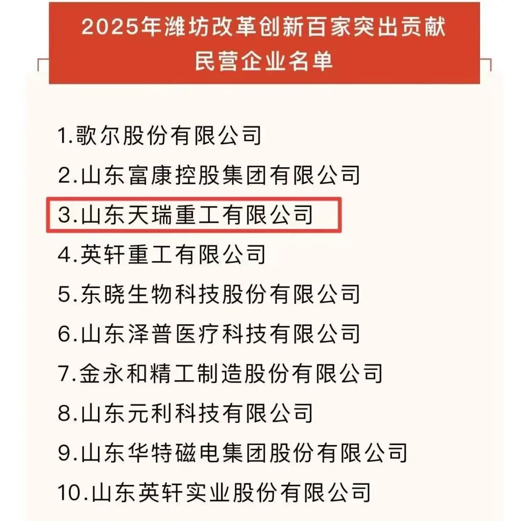 喜报丨天瑞重工入选2025年潍坊改革创新百家突出贡献民营企业榜单